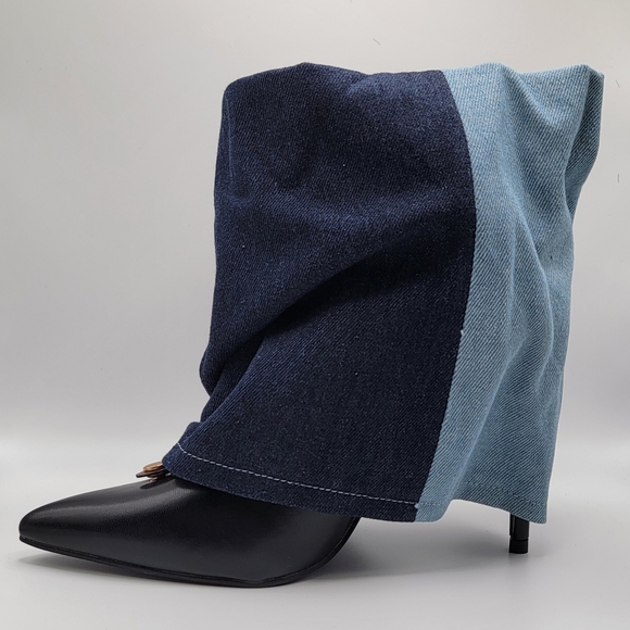 NWT Keep It Smooth Colorblock Denim Heeled Fashion Nova Black Booties in Size 8 - Picture 5 of 7